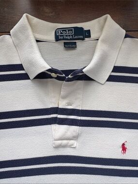 Polo by Ralph Lauren Cream & Navy Striped Polo Golf Shirt